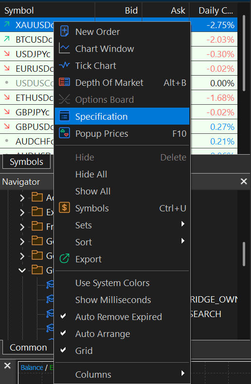 เปิด Specification จากเมนูคลิกขวาใน Market Watch ของ MetaTrader 5