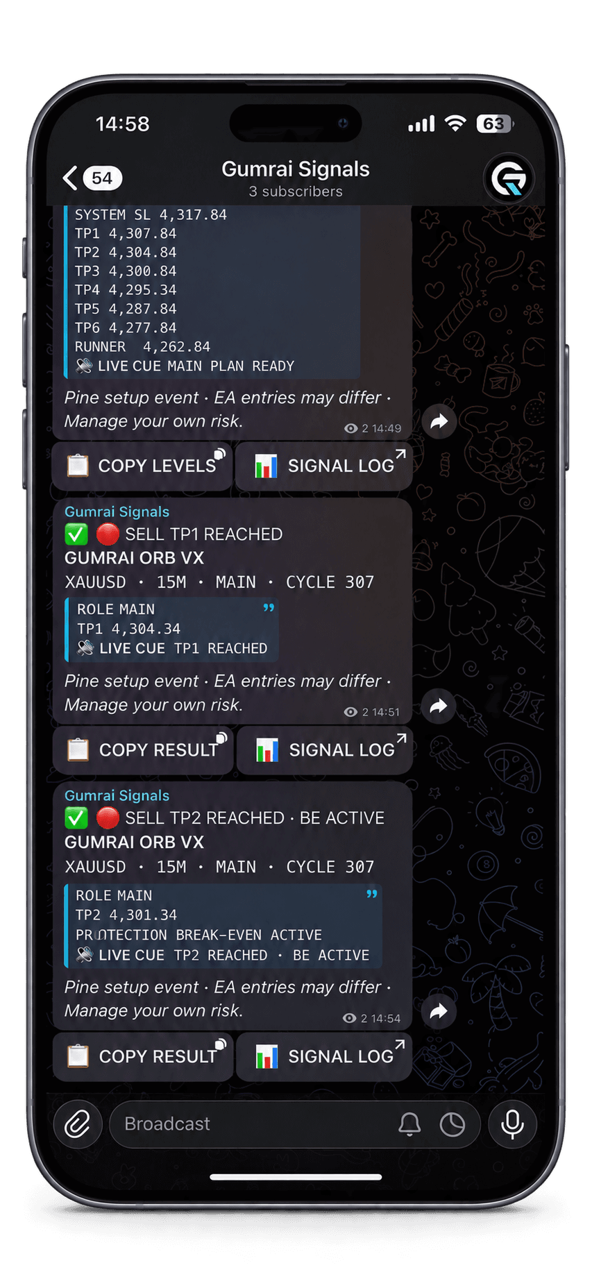 Gumrai Signals Telegram feed showing an ORB VX MAIN plan, TP1 and TP2 break-even updates