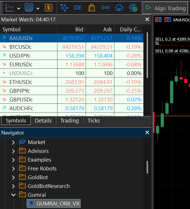 เปิด Algo Trading แล้วลาก EA ลงกราฟ